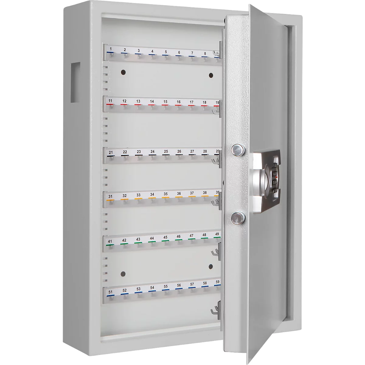 Schlüsselschrank SLE 120, für die Wandmontage, 120 Haken, mit Einwurfschlitz, Türanschlag rechts, Elektronikschloss mit Batterien, inkl. Verankerungsmaterial, B 460 x T 130 x H 630 mm, Stahlblech, lichtgrau RAL 7035