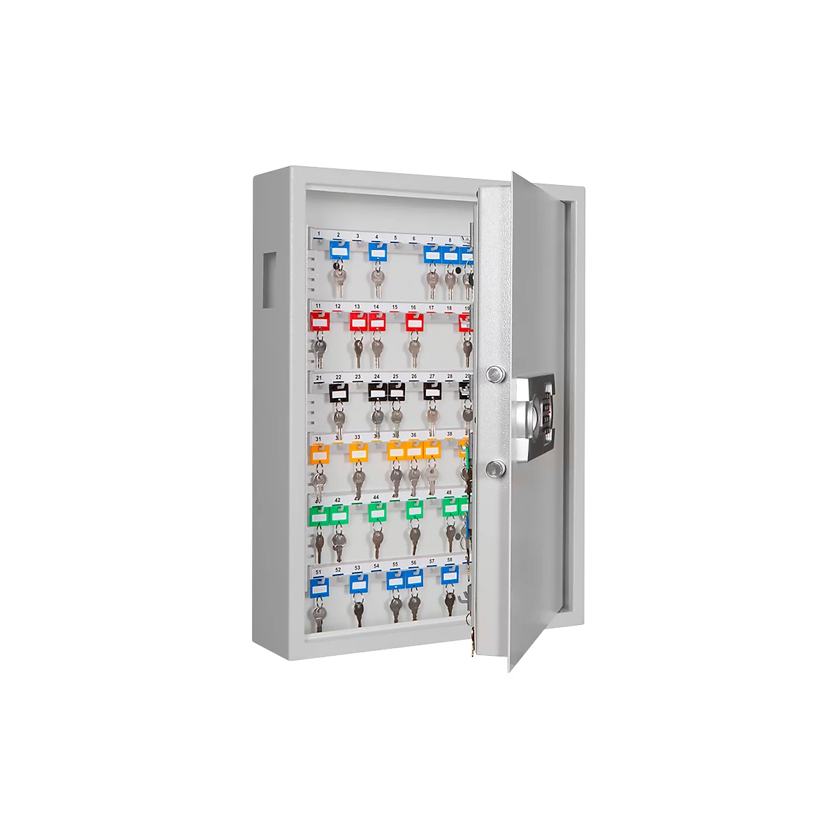 Schlüsselschrank SLE 120, für die Wandmontage, 120 Haken, mit Einwurfschlitz, Türanschlag rechts, Elektronikschloss mit Batterien, inkl. Verankerungsmaterial, B 460 x T 130 x H 630 mm, Stahlblech, lichtgrau RAL 7035