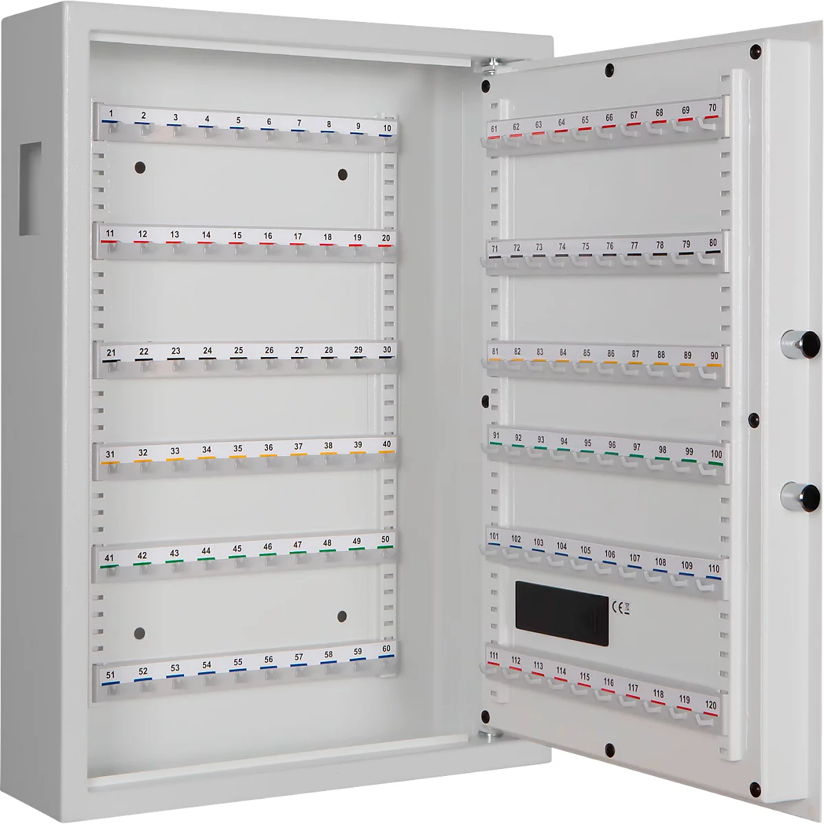 Schlüsselschrank SLE 120, für die Wandmontage, 120 Haken, mit Einwurfschlitz, Türanschlag rechts, Elektronikschloss mit Batterien, inkl. Verankerungsmaterial, B 460 x T 130 x H 630 mm, Stahlblech, lichtgrau RAL 7035