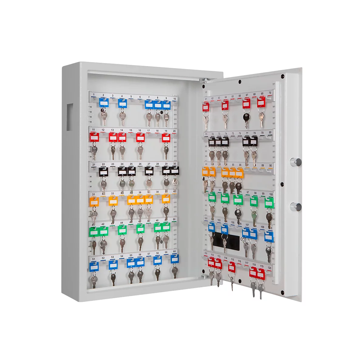 Schlüsselschrank SLE 120, für die Wandmontage, 120 Haken, mit Einwurfschlitz, Türanschlag rechts, Elektronikschloss mit Batterien, inkl. Verankerungsmaterial, B 460 x T 130 x H 630 mm, Stahlblech, lichtgrau RAL 7035