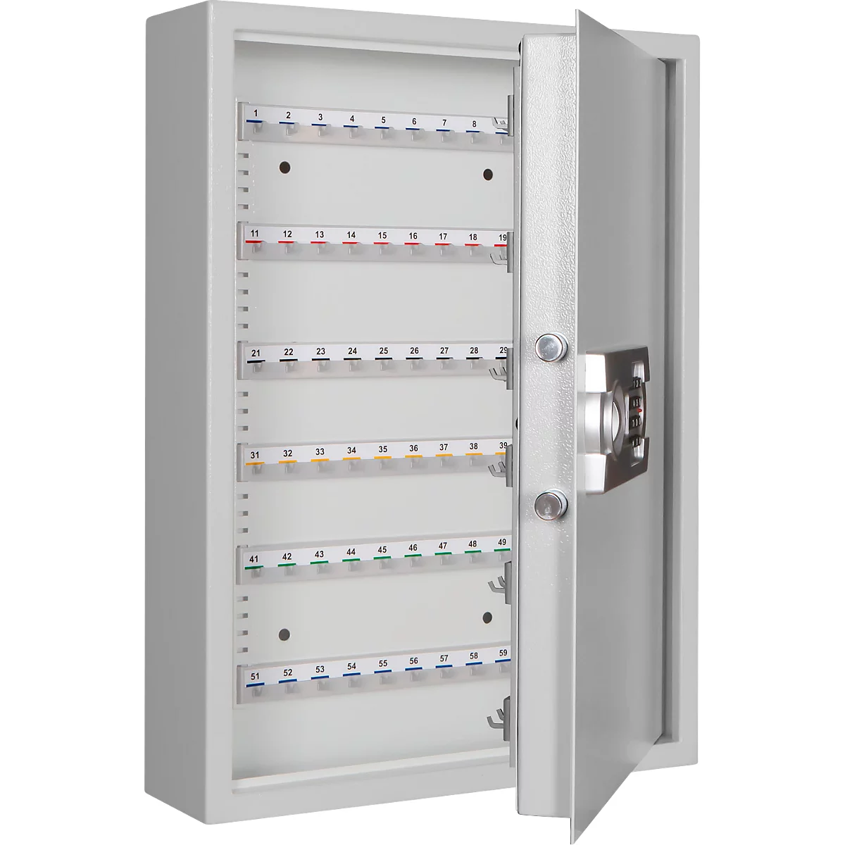 Schlüsselschrank SLE 120, für die Wandmontage, 120 Haken, ohne Einwurfschlitz, Türanschlag rechts, Elektronikschloss mit Batterien, inkl. Verankerungsmaterial, B 460 x T 130 x H 630 mm, Stahlblech, lichtgrau RAL 7035