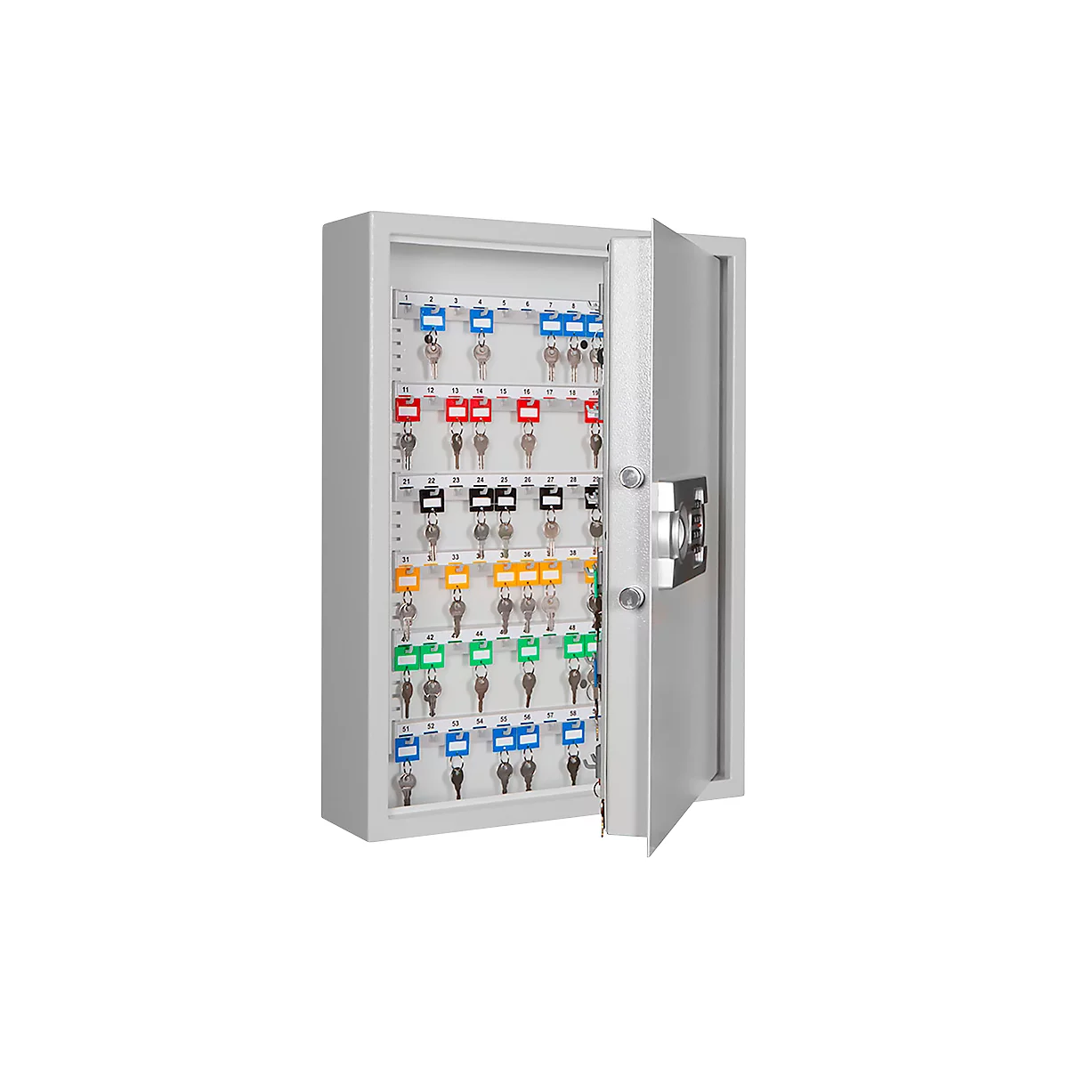 Schlüsselschrank SLE 120, für die Wandmontage, 120 Haken, ohne Einwurfschlitz, Türanschlag rechts, Elektronikschloss mit Batterien, inkl. Verankerungsmaterial, B 460 x T 130 x H 630 mm, Stahlblech, lichtgrau RAL 7035