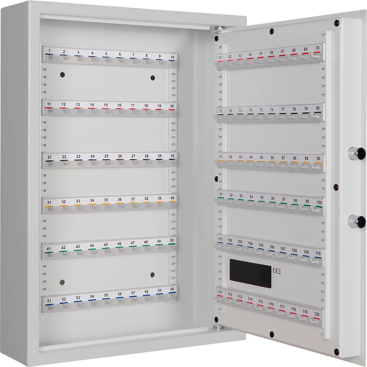 Schlüsselschrank SLE 120, für die Wandmontage, 120 Haken, ohne Einwurfschlitz, Türanschlag rechts, Elektronikschloss mit Batterien, inkl. Verankerungsmaterial, B 460 x T 130 x H 630 mm, Stahlblech, lichtgrau RAL 7035