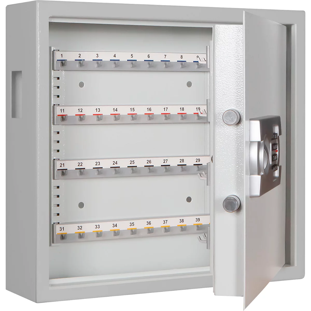 Schlüsselschrank SLE 80, für die Wandmontage, 80 Haken, mit Einwurfschlitz, Türanschlag rechts, Elektronikschloss mit Batterien, inkl. Verankerungsmaterial, B 460 x T 130 x H 430 mm, Stahlblech, lichtgrau RAL 7035