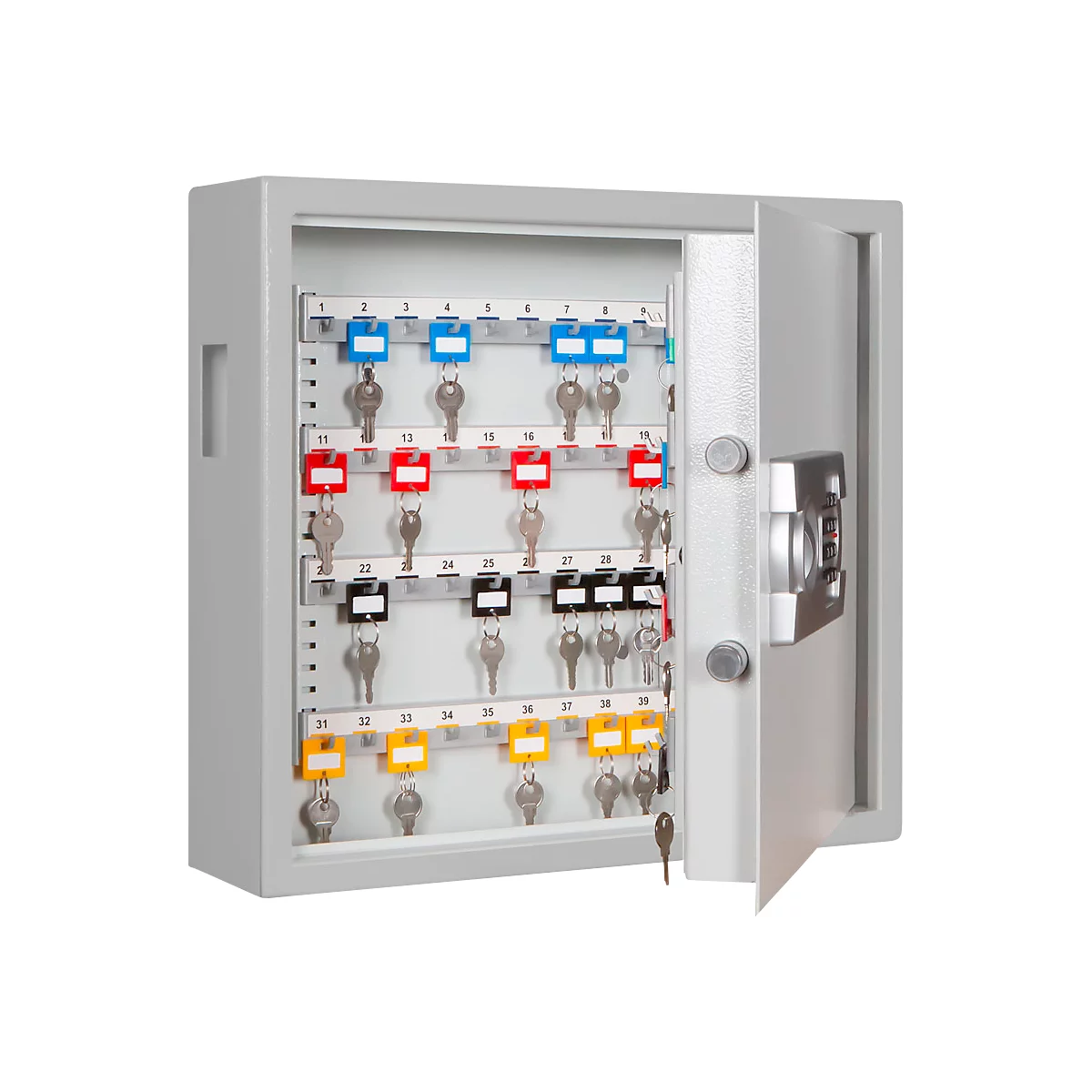 Schlüsselschrank SLE 80, für die Wandmontage, 80 Haken, mit Einwurfschlitz, Türanschlag rechts, Elektronikschloss mit Batterien, inkl. Verankerungsmaterial, B 460 x T 130 x H 430 mm, Stahlblech, lichtgrau RAL 7035