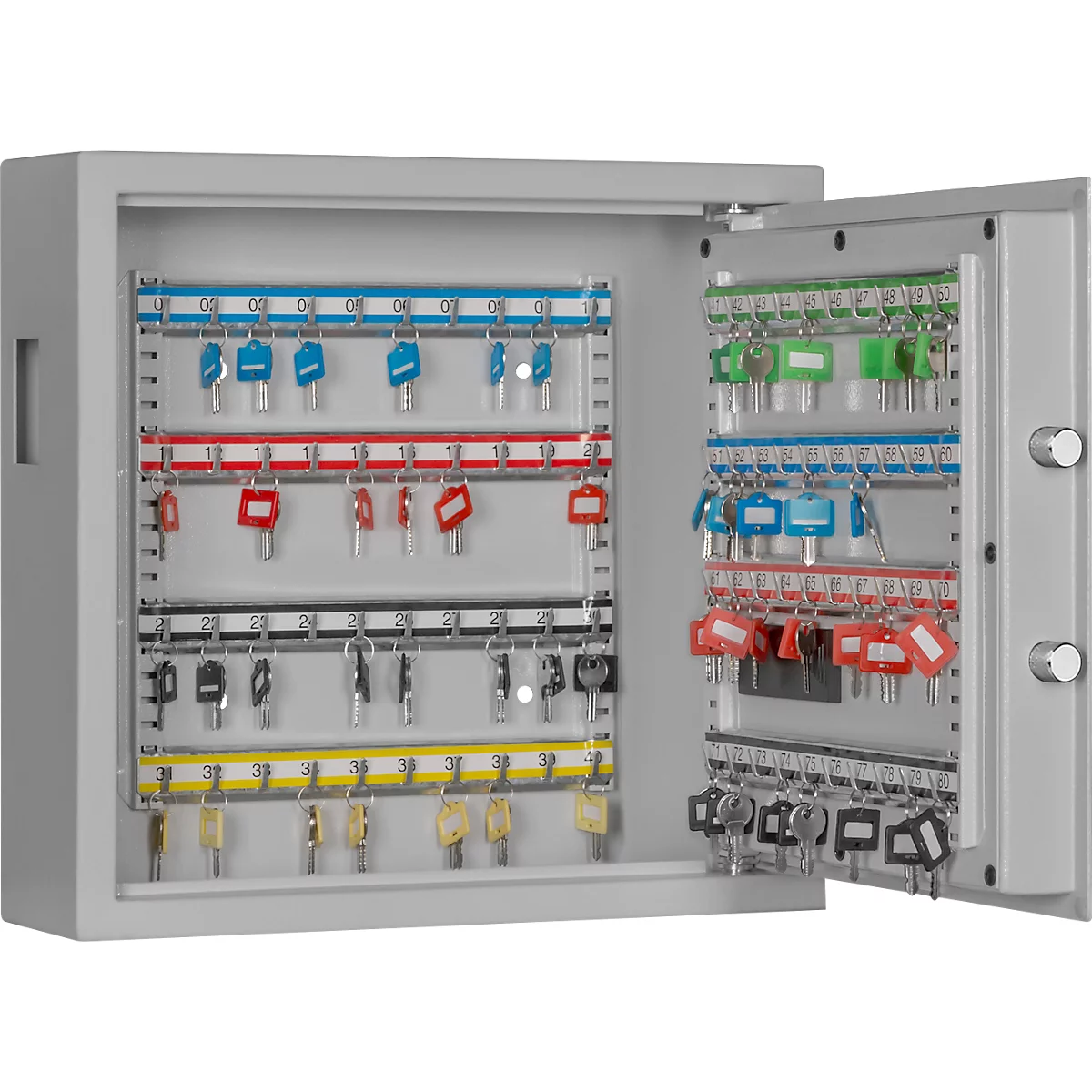 Schlüsselschrank SLE 80, für die Wandmontage, 80 Haken, mit Einwurfschlitz, Türanschlag rechts, Elektronikschloss mit Batterien, inkl. Verankerungsmaterial, B 460 x T 130 x H 430 mm, Stahlblech, lichtgrau RAL 7035