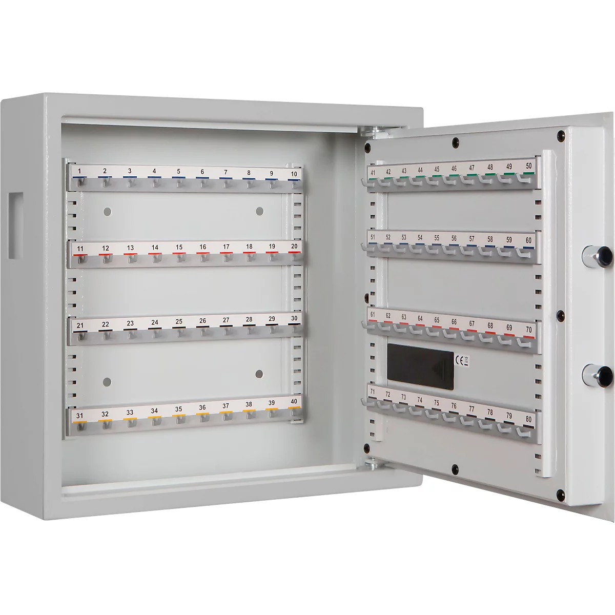 Schlüsselschrank SLE 80, für die Wandmontage, 80 Haken, mit Einwurfschlitz, Türanschlag rechts, Elektronikschloss mit Batterien, inkl. Verankerungsmaterial, B 460 x T 130 x H 430 mm, Stahlblech, lichtgrau RAL 7035