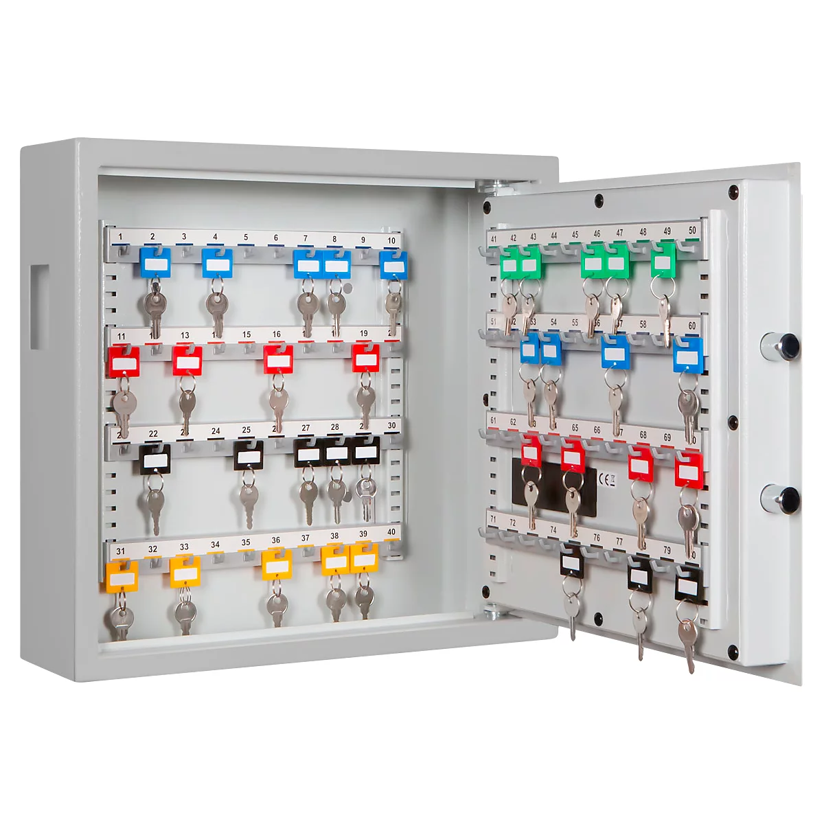 Schlüsselschrank SLE 80, für die Wandmontage, 80 Haken, mit Einwurfschlitz, Türanschlag rechts, Elektronikschloss mit Batterien, inkl. Verankerungsmaterial, B 460 x T 130 x H 430 mm, Stahlblech, lichtgrau RAL 7035