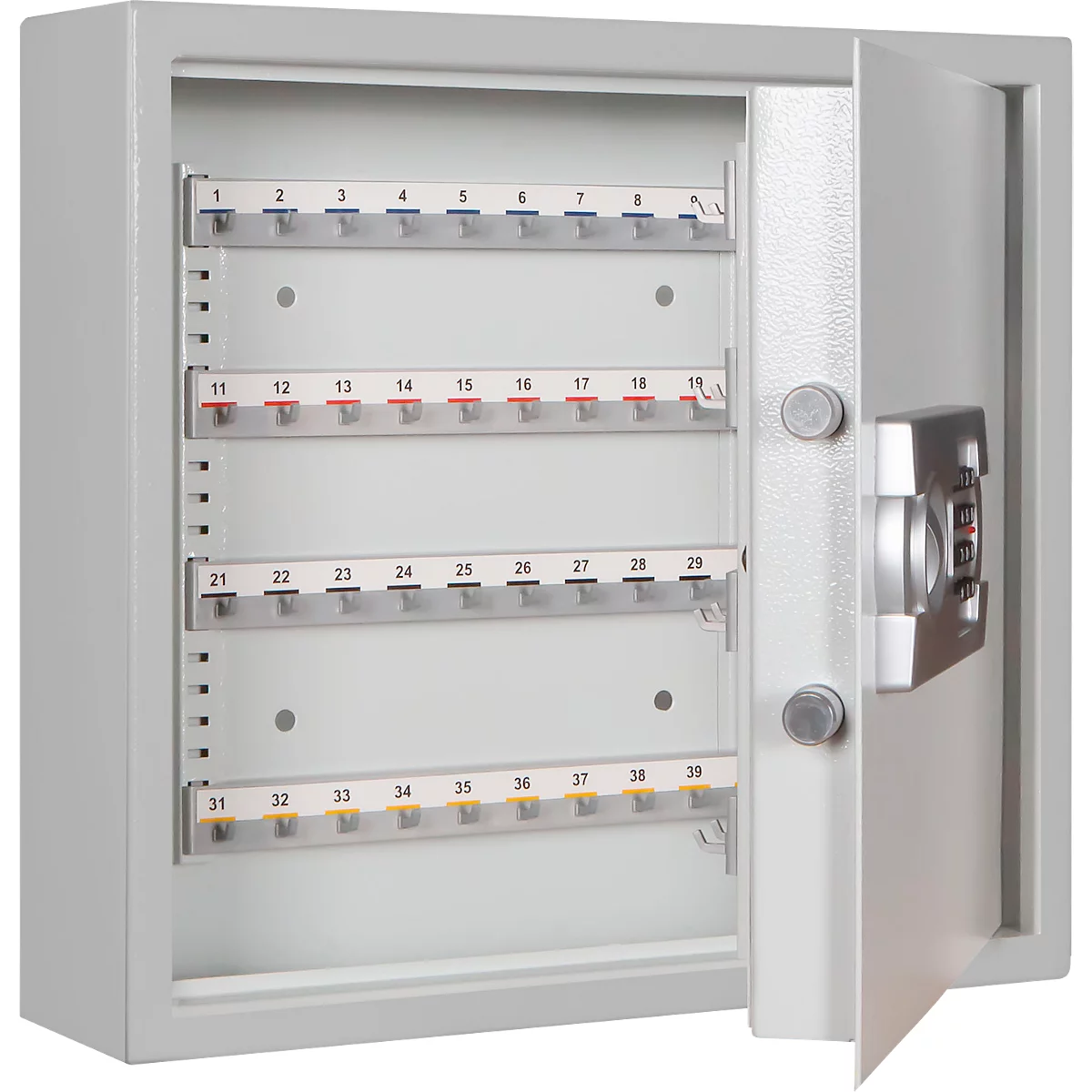 Schlüsselschrank SLE 80, für die Wandmontage, 80 Haken, ohne Einwurfschlitz, Türanschlag rechts, Elektronikschloss mit Batterien, inkl. Verankerungsmaterial, B 460 x T 130 x H 430 mm, Stahlblech, lichtgrau RAL 7035