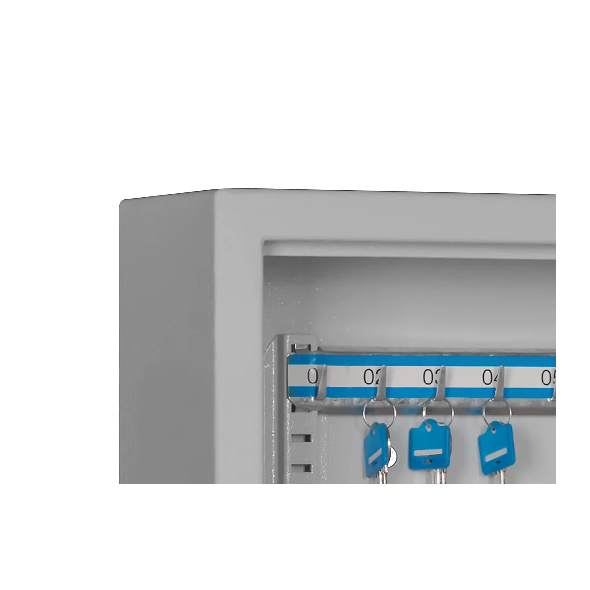 Schlüsselschrank SLE 80, für die Wandmontage, 80 Haken, ohne Einwurfschlitz, Türanschlag rechts, Elektronikschloss mit Batterien, inkl. Verankerungsmaterial, B 460 x T 130 x H 430 mm, Stahlblech, lichtgrau RAL 7035