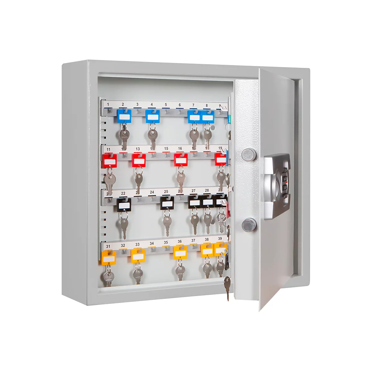 Schlüsselschrank SLE 80, für die Wandmontage, 80 Haken, ohne Einwurfschlitz, Türanschlag rechts, Elektronikschloss mit Batterien, inkl. Verankerungsmaterial, B 460 x T 130 x H 430 mm, Stahlblech, lichtgrau RAL 7035