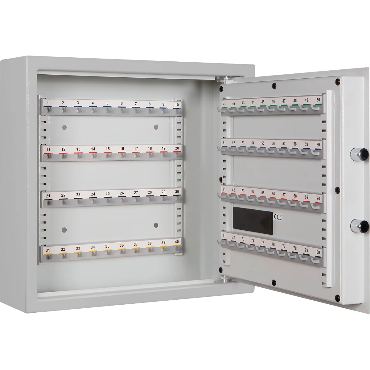 Schlüsselschrank SLE 80, für die Wandmontage, 80 Haken, ohne Einwurfschlitz, Türanschlag rechts, Elektronikschloss mit Batterien, inkl. Verankerungsmaterial, B 460 x T 130 x H 430 mm, Stahlblech, lichtgrau RAL 7035