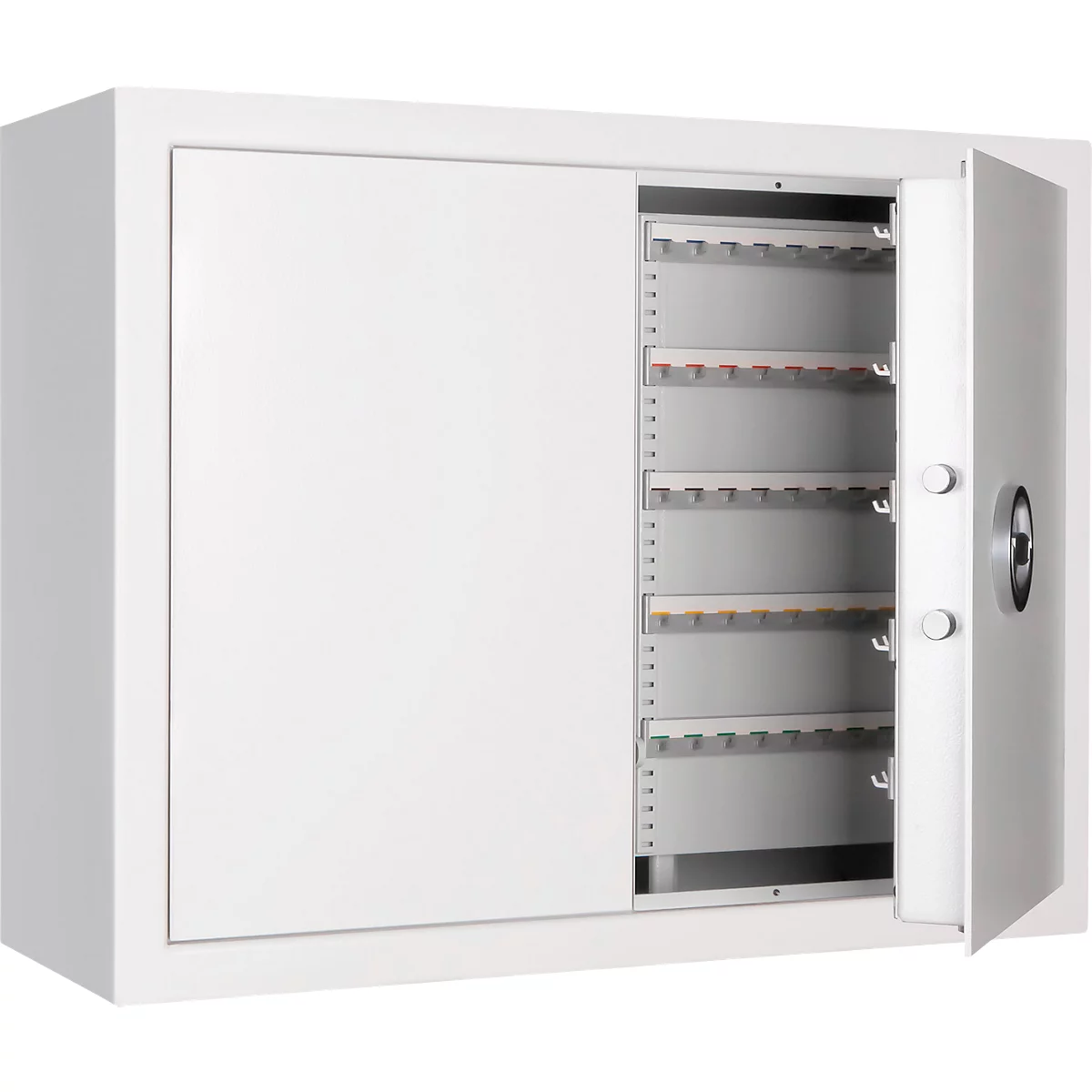 Weißer Schlüsselschrank mit geöffneter Tür, Innenaufteilung mit Halterungen.