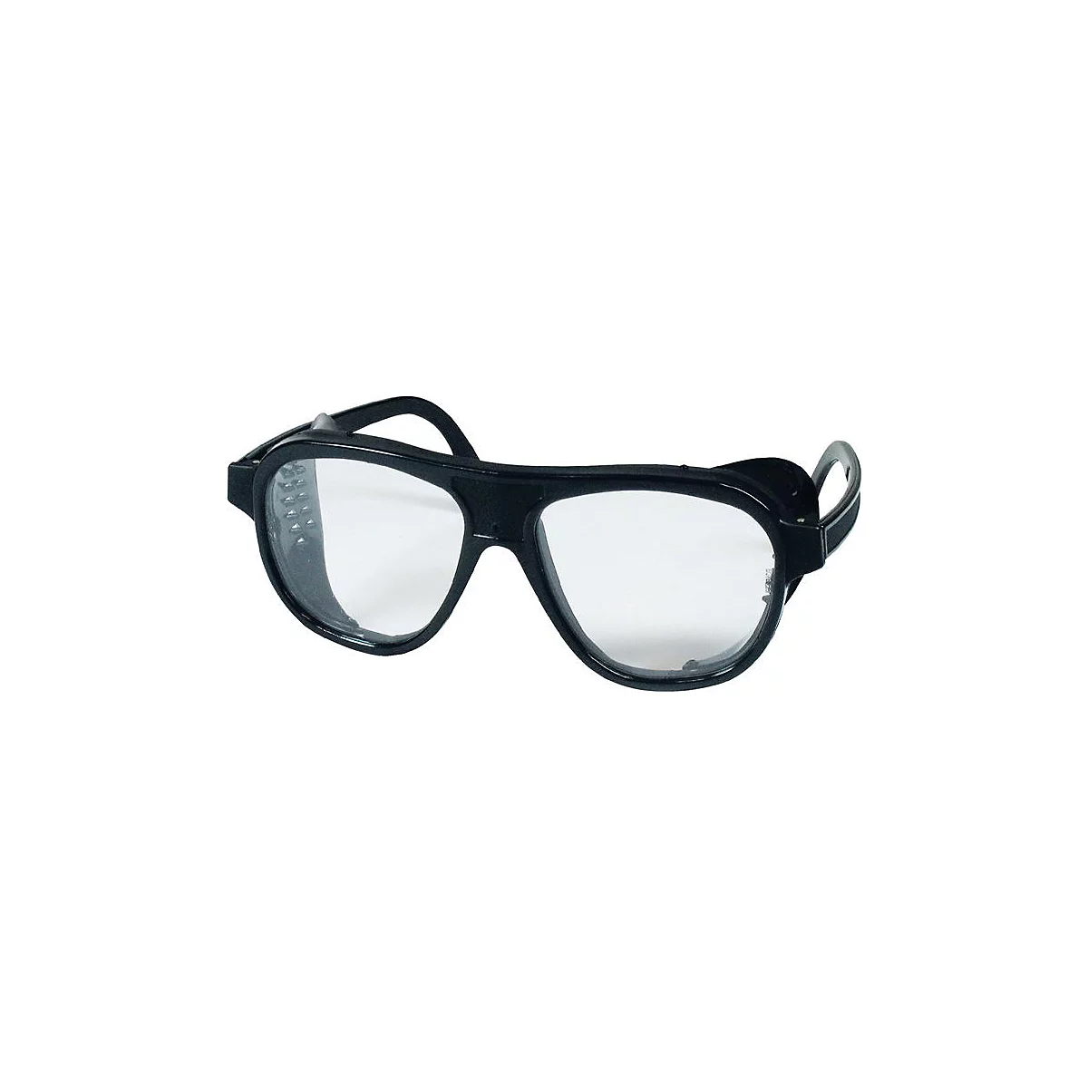 Lunettes de protection noires avec verres transparents et branches.
