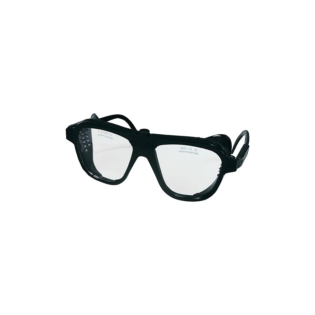 Lunettes de sécurité, monture noire, verres transparents. Petits trous sur le côté. Texte sur le verre.