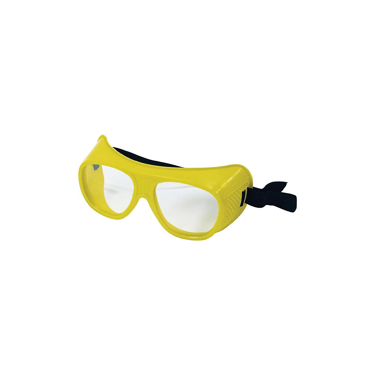 Lunettes de sécurité jaunes avec verres transparents et bande élastique noire.