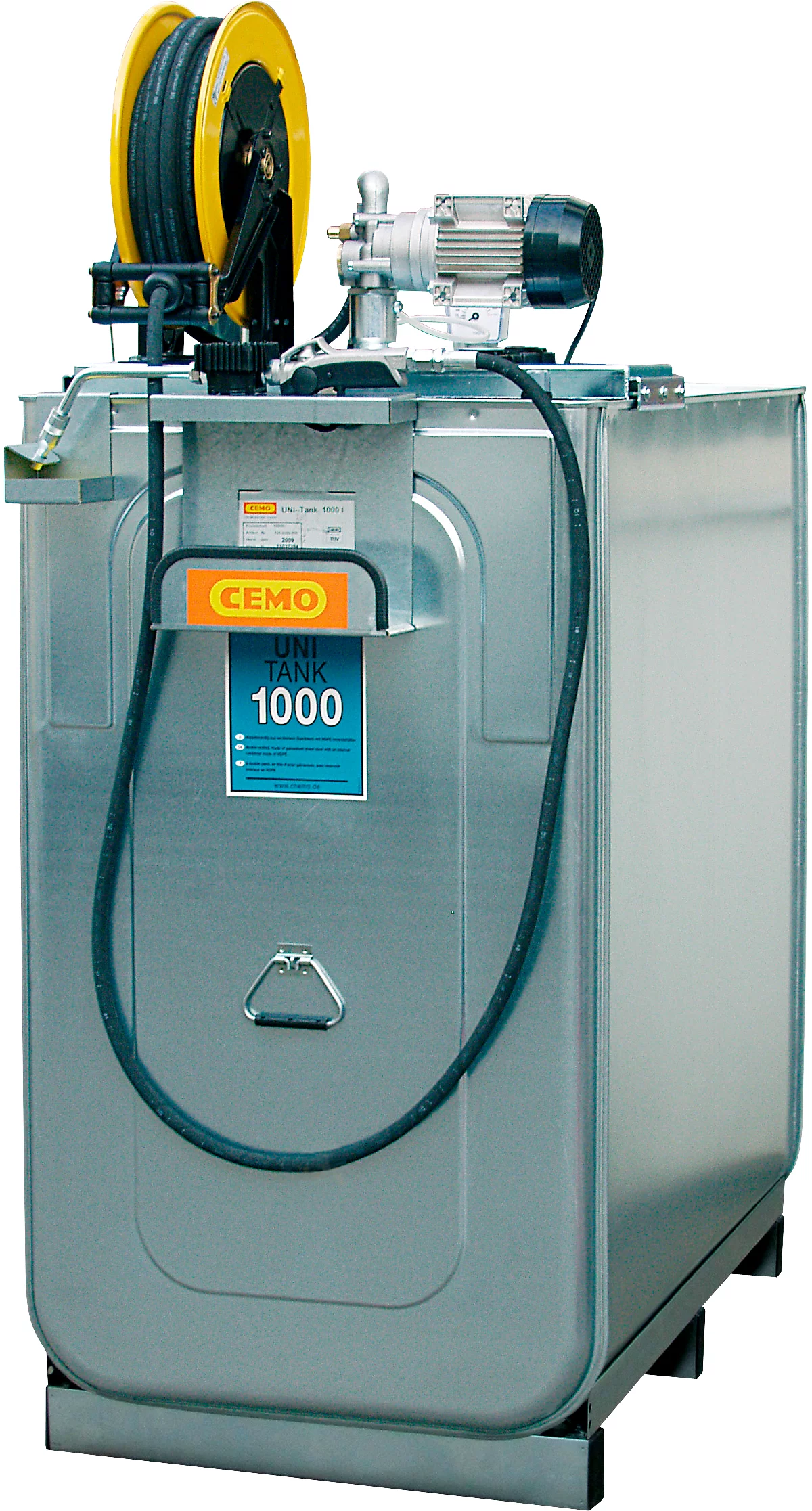 Schmierstoffkompaktanlage CEMO ECO UNI 750, HPDE-Tank 750 l, 230 V Elektropumpe, 9 l/min, B 1080 x T 770 x H 1870 mm, 15 m Schlauch, offener Aufroller
