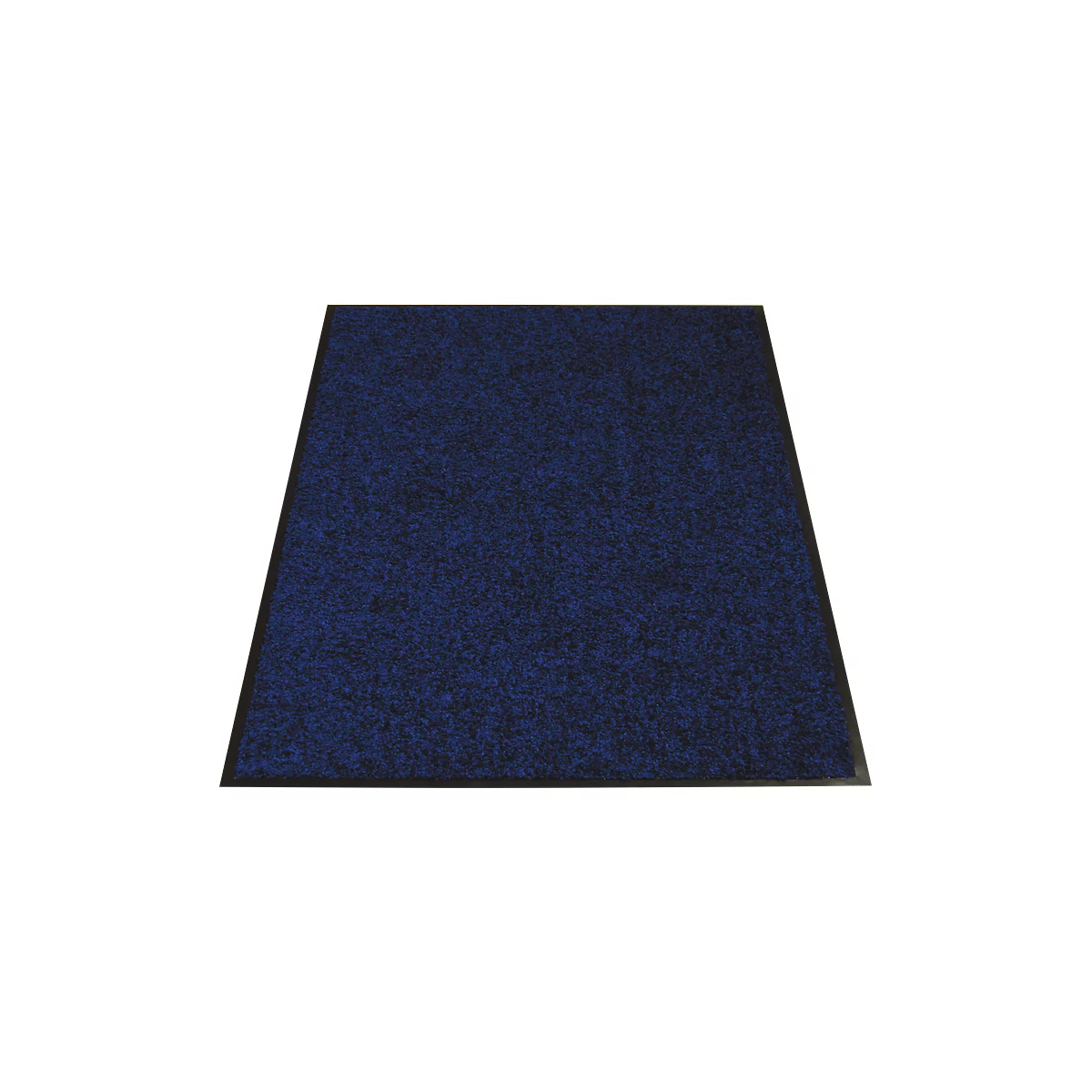 Blaue Fußmatte mit schwarzem Rahmen. Die Oberfläche hat eine rauhe, textile Struktur.