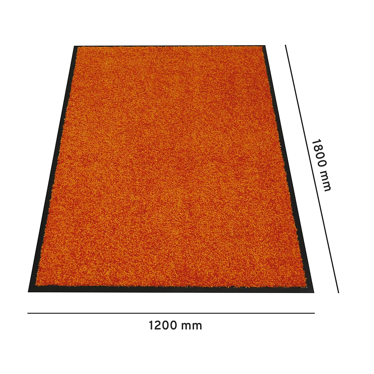 Orangefarbene Schmutzfangmatte mit schwarzem Rand. Masse: 1200 x 1800 mm. Textangabe.