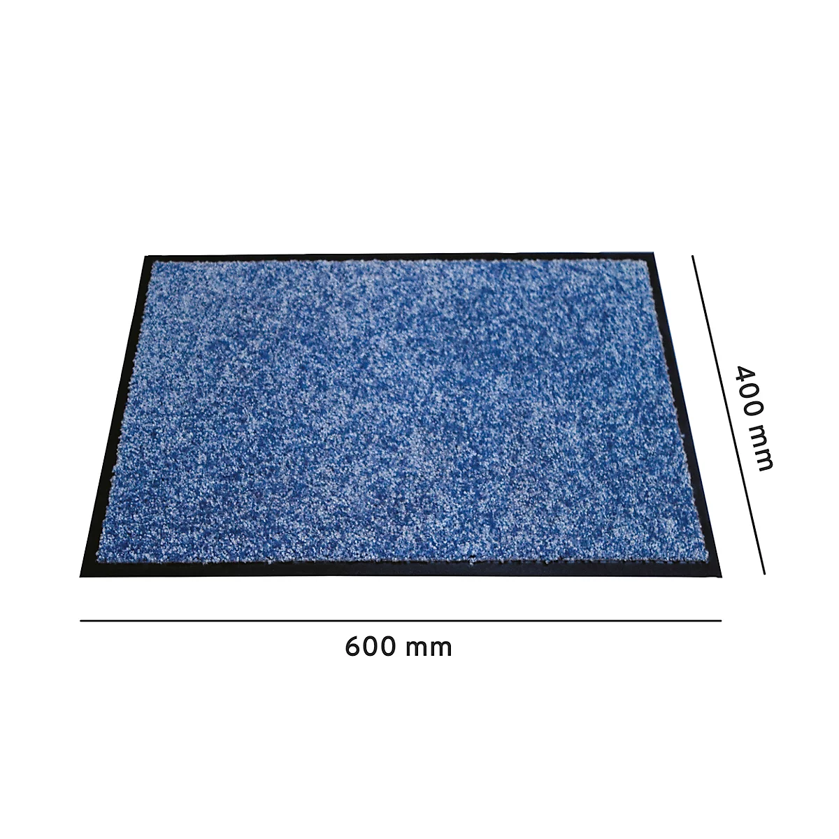 Blaue Fußmatte mit schwarzem Rand und Bemaßung von 600 mm mal 400 mm.
