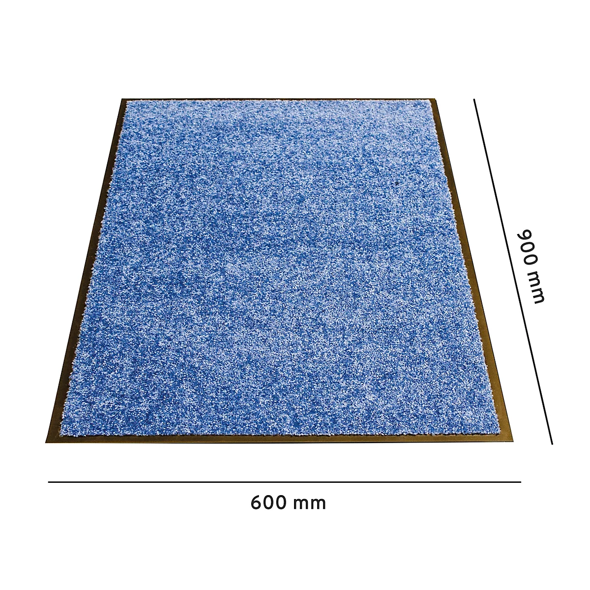 Rechteckige, blaue Schmutzfangmatte mit dunklem Rand und Bemaßung von 600 mm mal 900 mm.