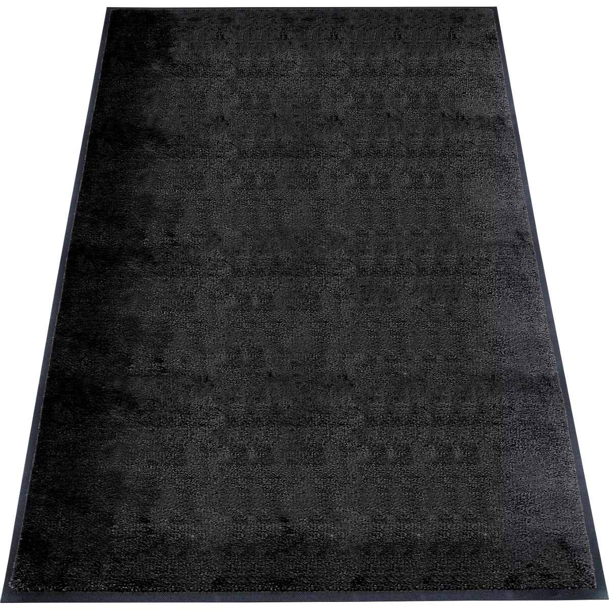 Schwarze Fußmatte mit grauem, strukturiertem Flor und dunklem Rand.