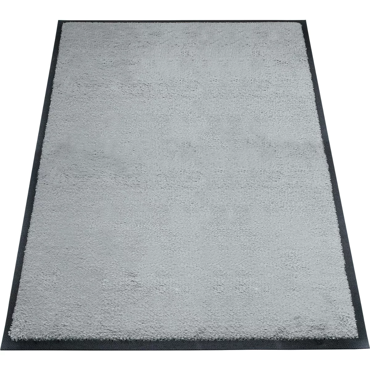 Hellgrauer Teppich mit dunklem Rand. Flauschige Oberfläche.