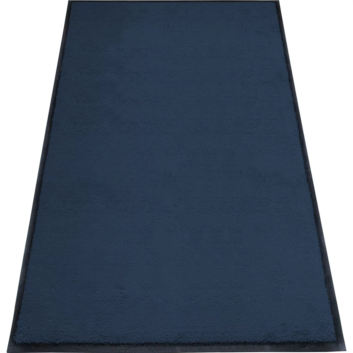 Dunkelblauer Teppich mit schwarzem Rand auf weißem Hintergrund. Die Teppichoberfläche ist strukturiert.