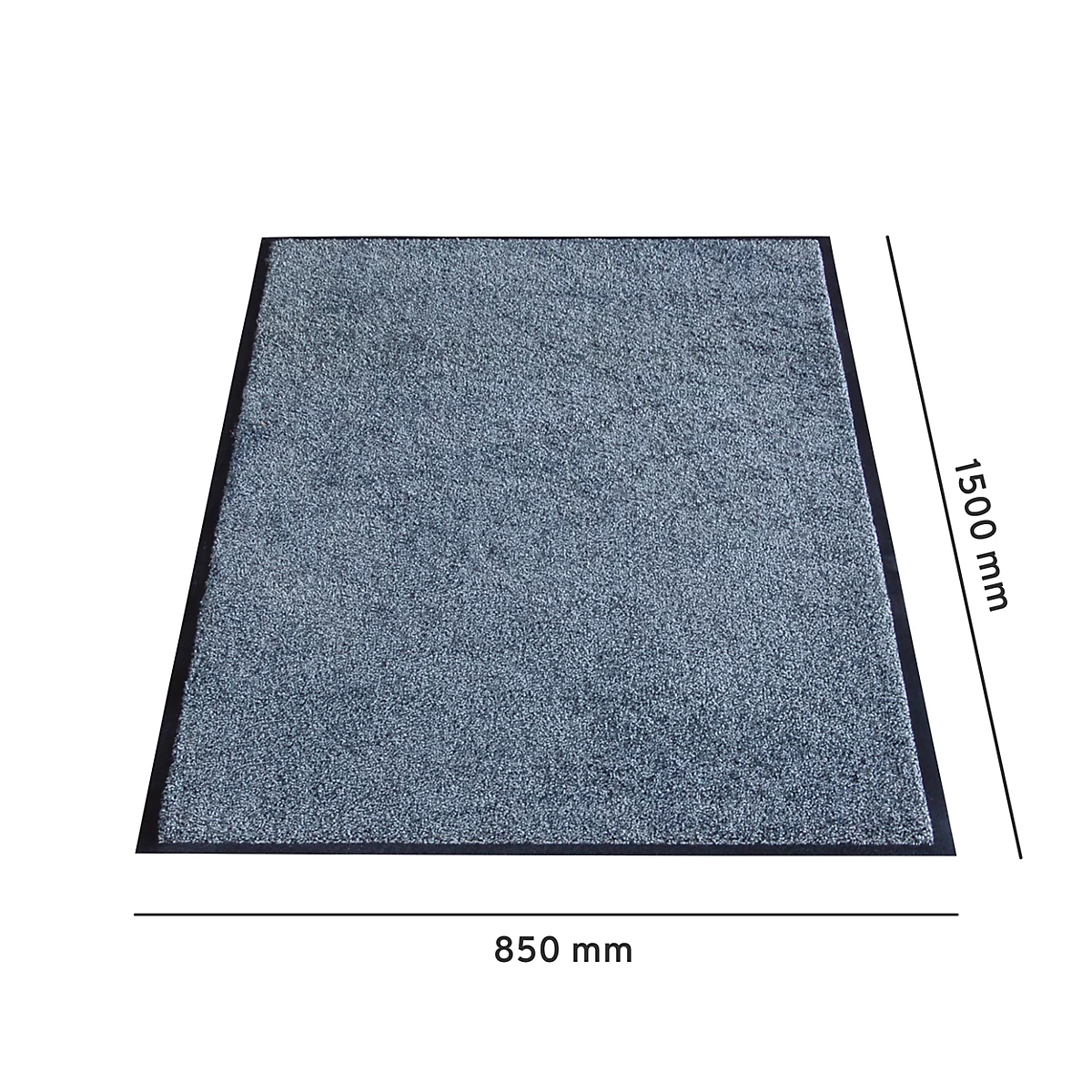 Blauer Teppich mit schwarzem Rand. Maße: 850 mm x 1500 mm. Das Produkt wird auf weißem Hintergrund dargestellt.