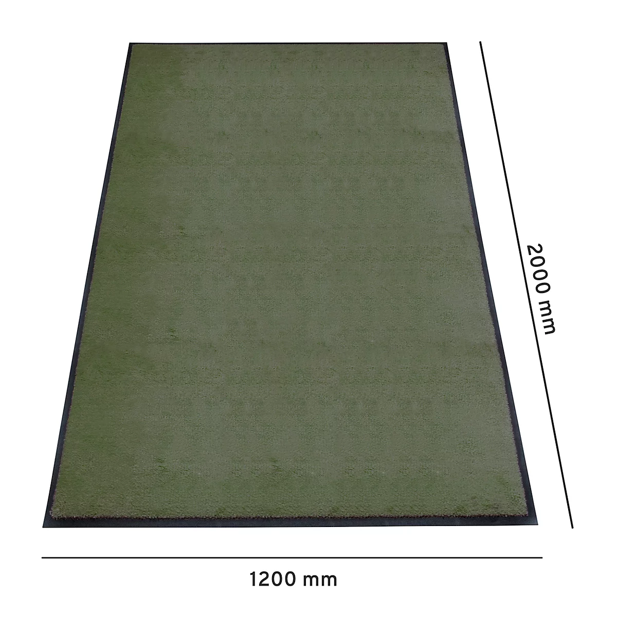 Rechteckiger, grüner Kunstrasen mit schwarzem Rand. Maße: 2000 mm x 1200 mm.
