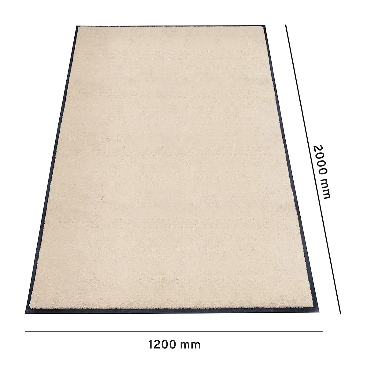 Beiger Teppich, 1200 x 2000 mm mit schwarzem Rand. Maße sind angegeben.