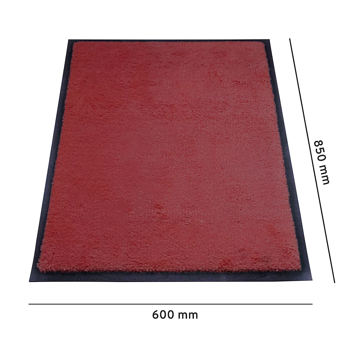 Ein rechteckiger, roter Teppich mit schwarzen Rändern. Die Abmessungen sind 850 x 600 mm.