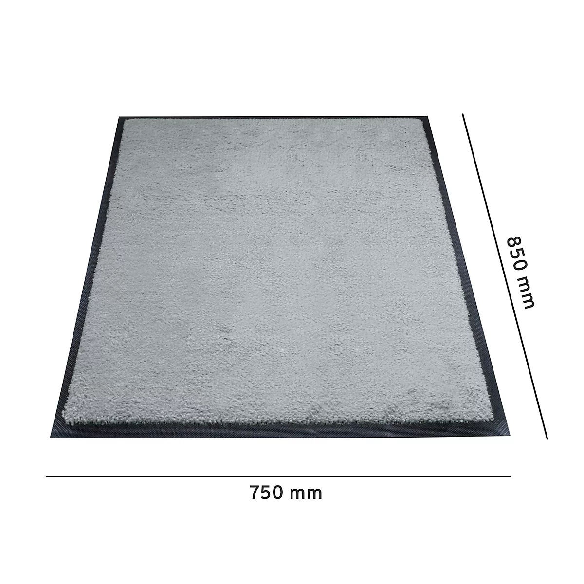 Hellgrauer Teppich mit schwarzem Rand. Maße: 850 mm x 750 mm.
