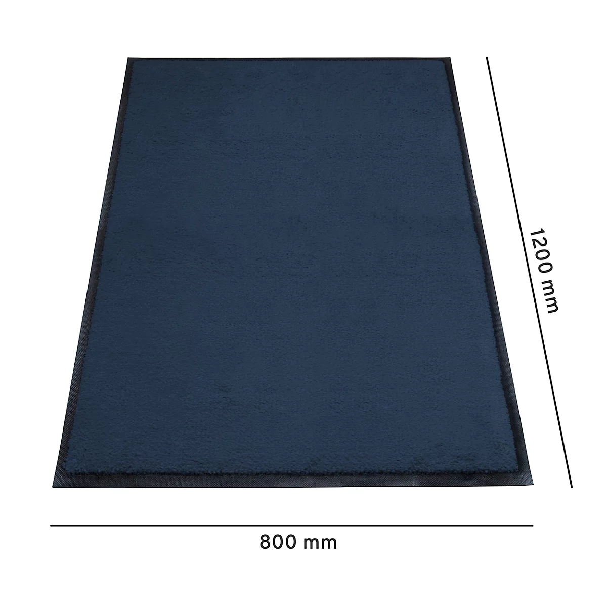 Blauer Teppich mit schwarzen Rändern, Masse: 1200x800 mm. Der Teppich ist aus einem flauschigen Material gefertigt.