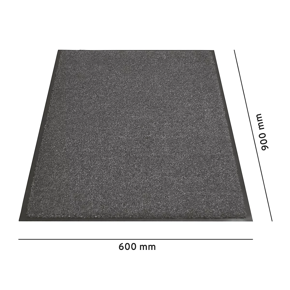 Rechteckige, graue Fußmatte mit schwarzem Rand. Maße: 600 x 900 mm.