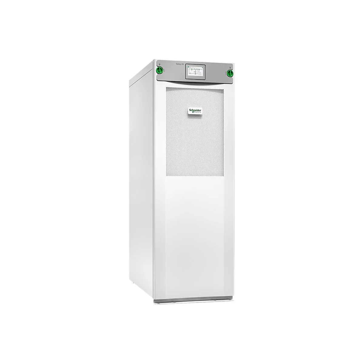 Ein weiÃŸes, turmfÃ¶rmiges GerÃ¤t. Oben grau, mit grÃ¼nlichen KnÃ¶pfen und Display. Logo: Schneider Electric.