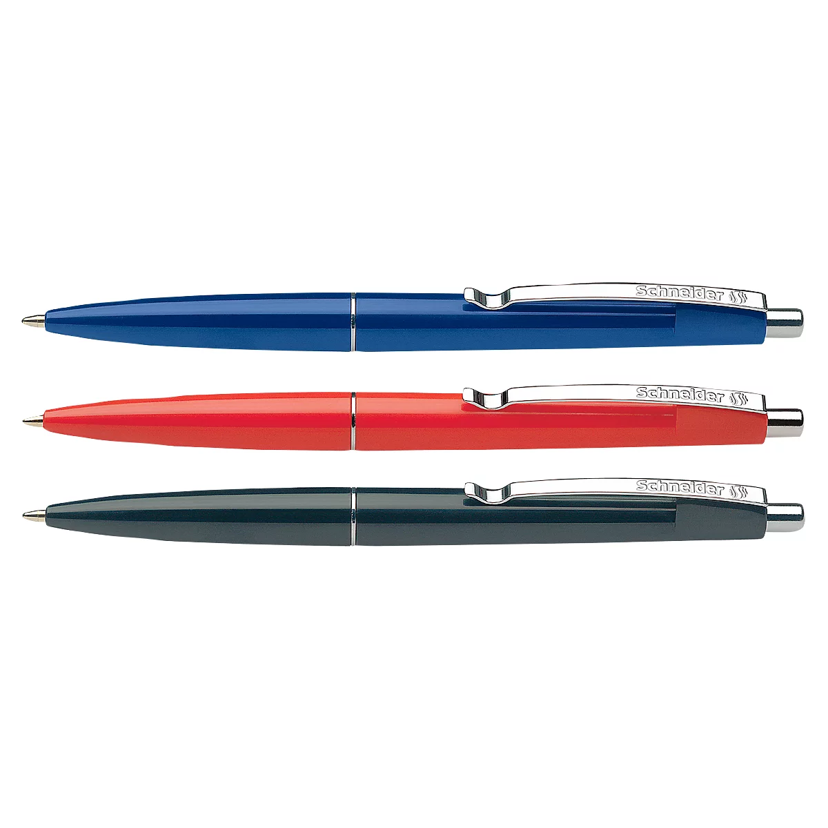Three ballpoint pens in blue, red, and black, silver details. Schneider 49 writing.