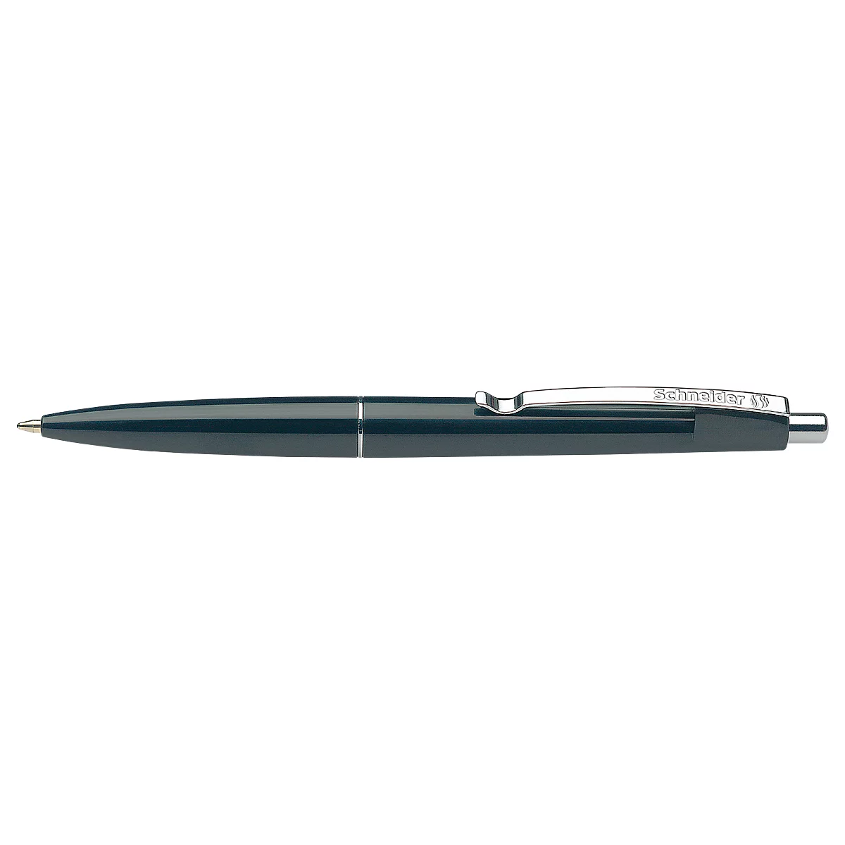 A pen, held in dark colors, with clip and lettering.