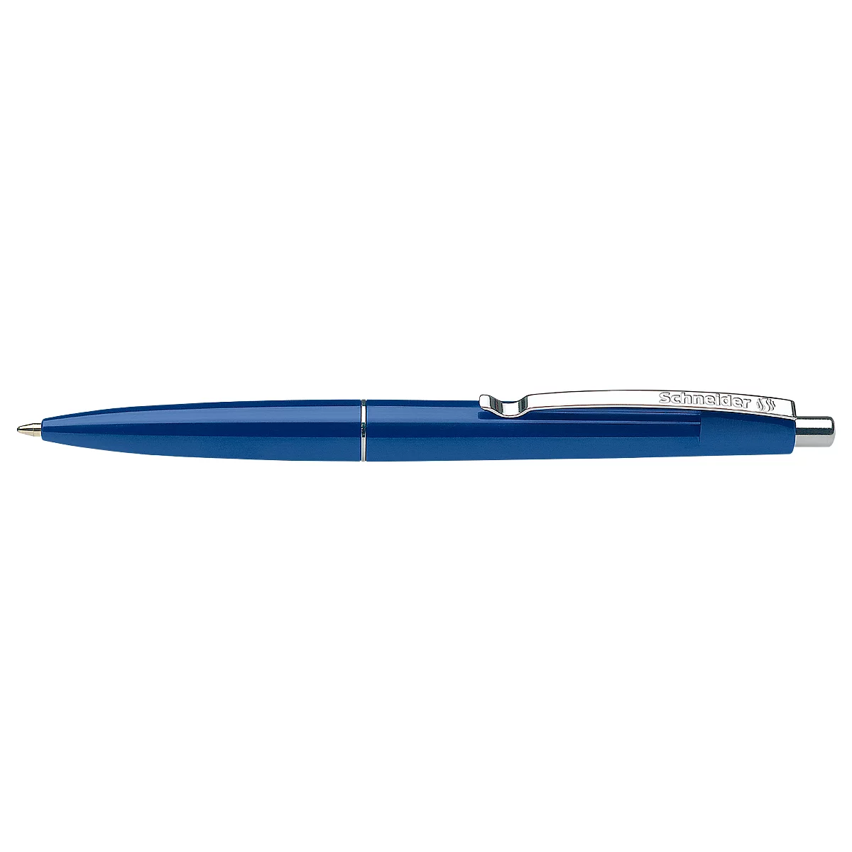Blue ballpoint pen, silver clip, lettering. Metal tip.