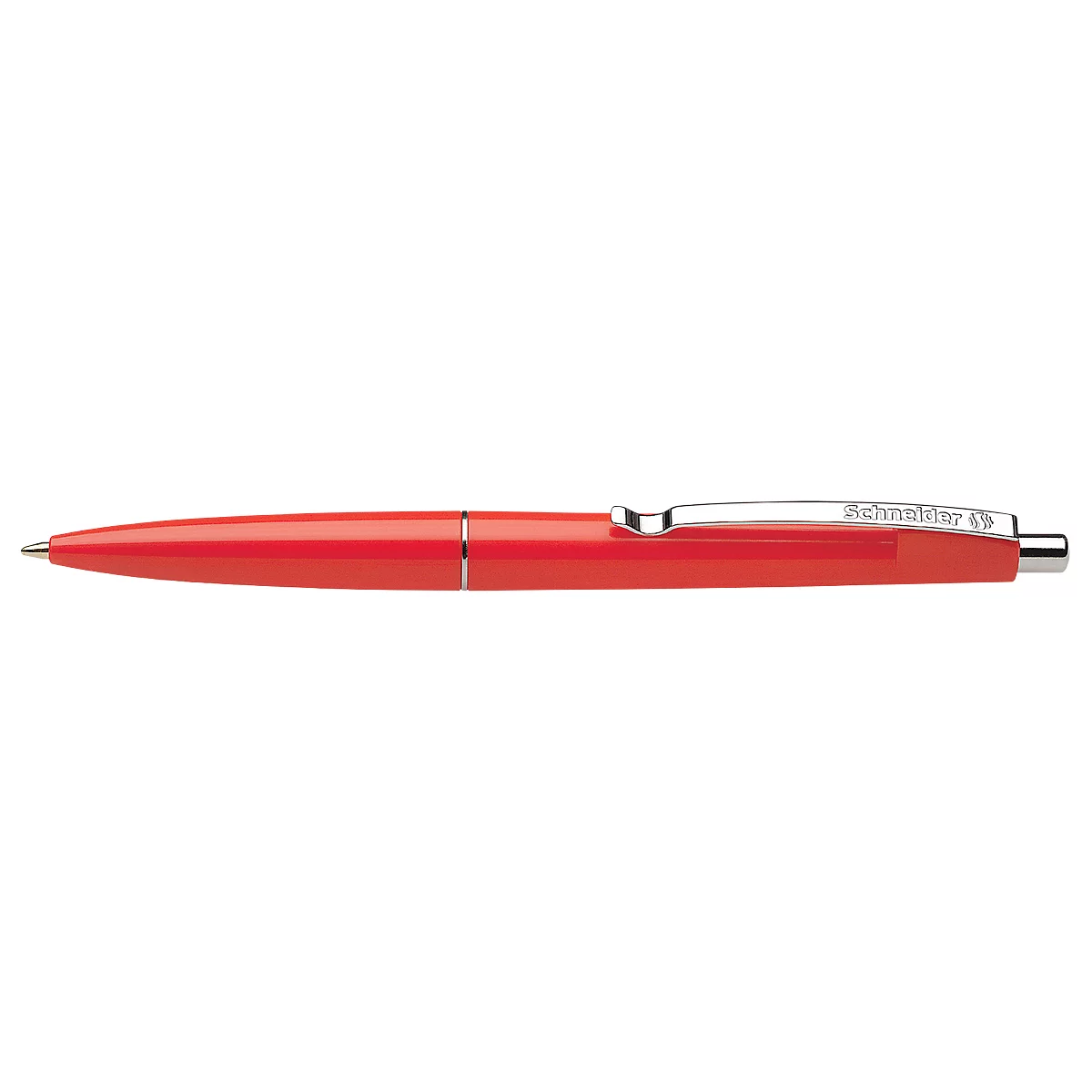 Red ballpoint pen with silver details. The clip reads "Schneider."
