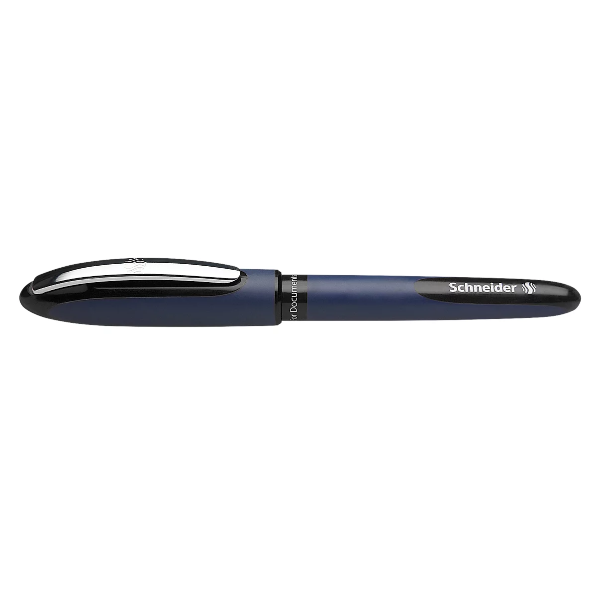 Blue pen with silver tip and the inscription Schneider.