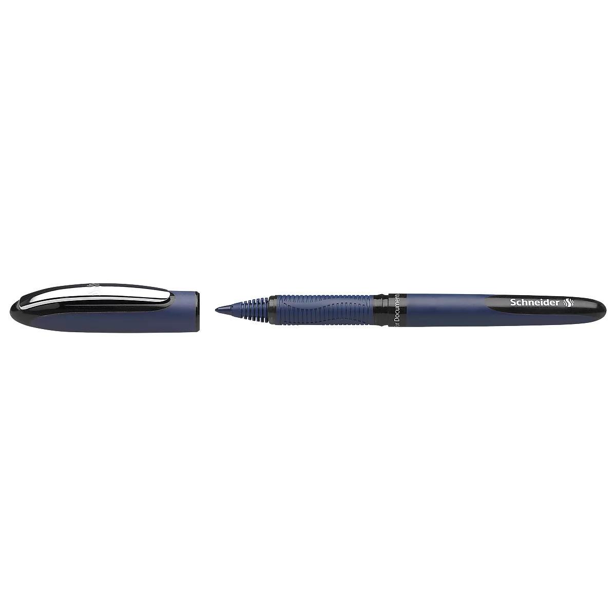 A blue ballpoint pen with open cap, the inscription 'Schneider' is visible.