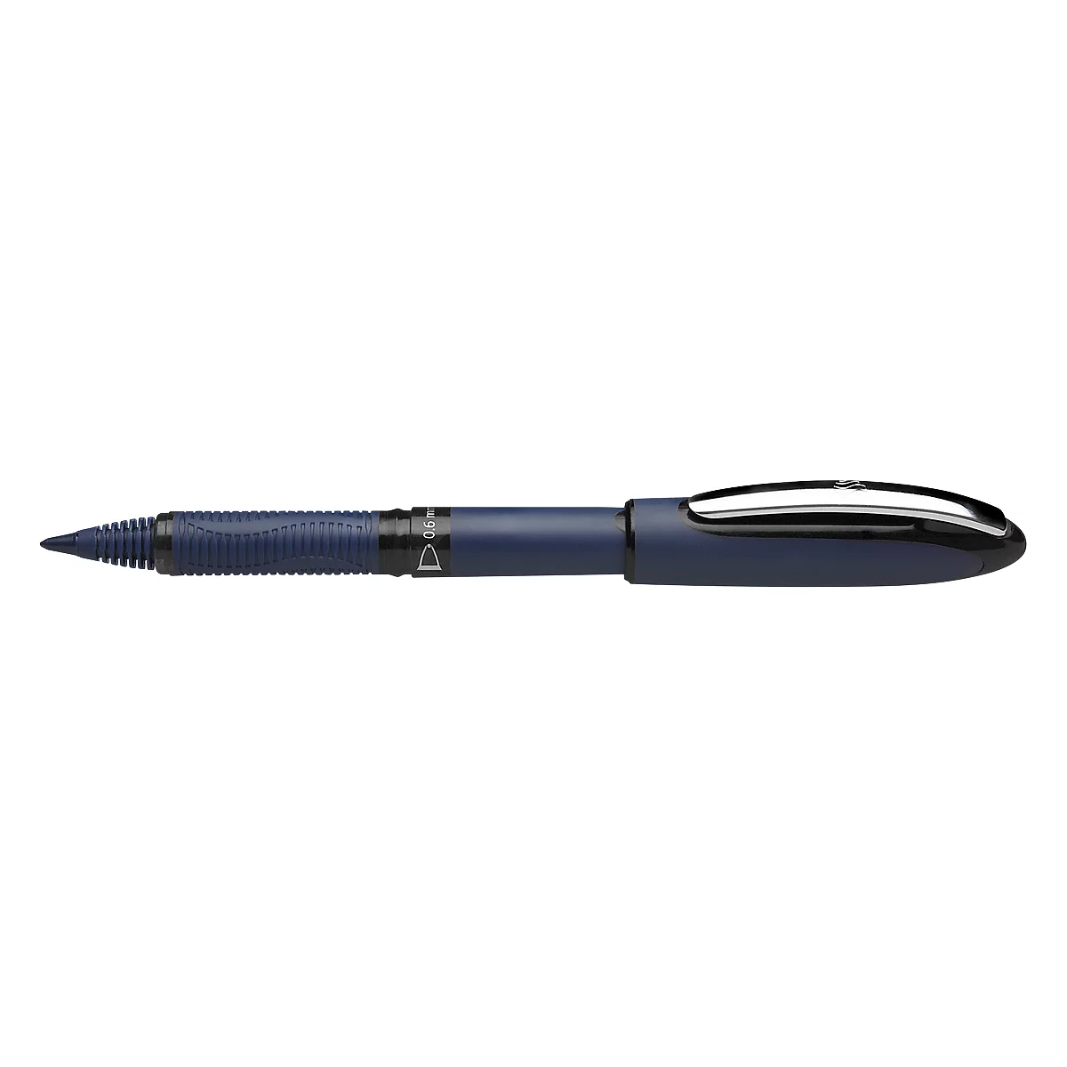 Close-up of a blue ballpoint pen. The barrel is dark blue, the end is ribbed. The clip is metallic.
