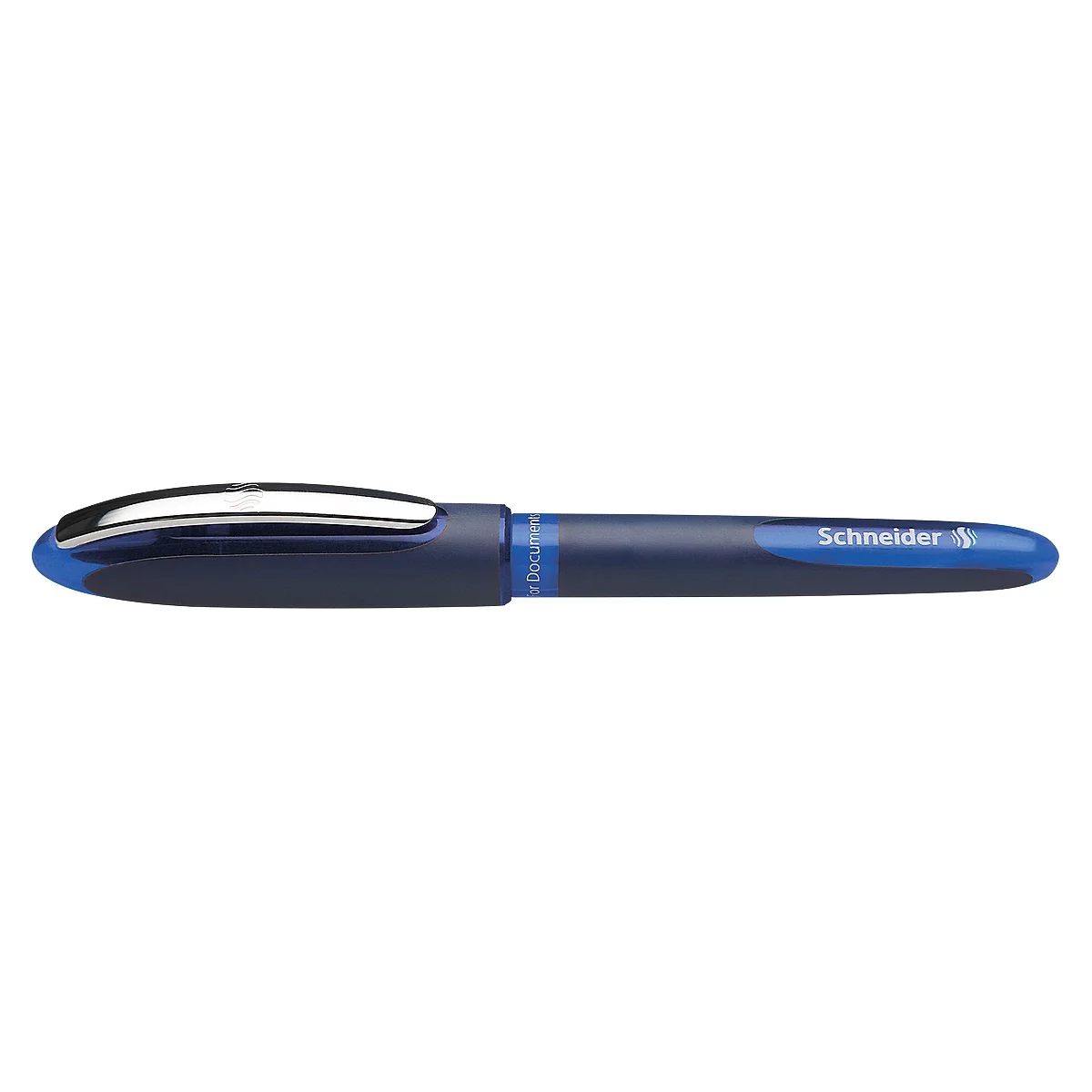 Blue pen with silver clip, brand lettering. Schneider logo.