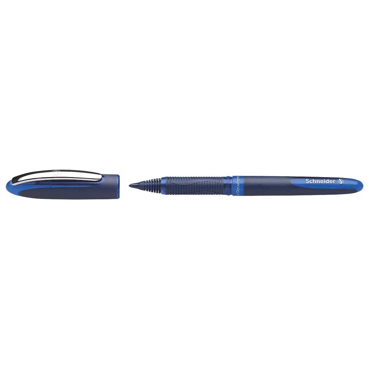Blue ballpoint pen with open cap, the end shows "Schneider". The pen is isolated.