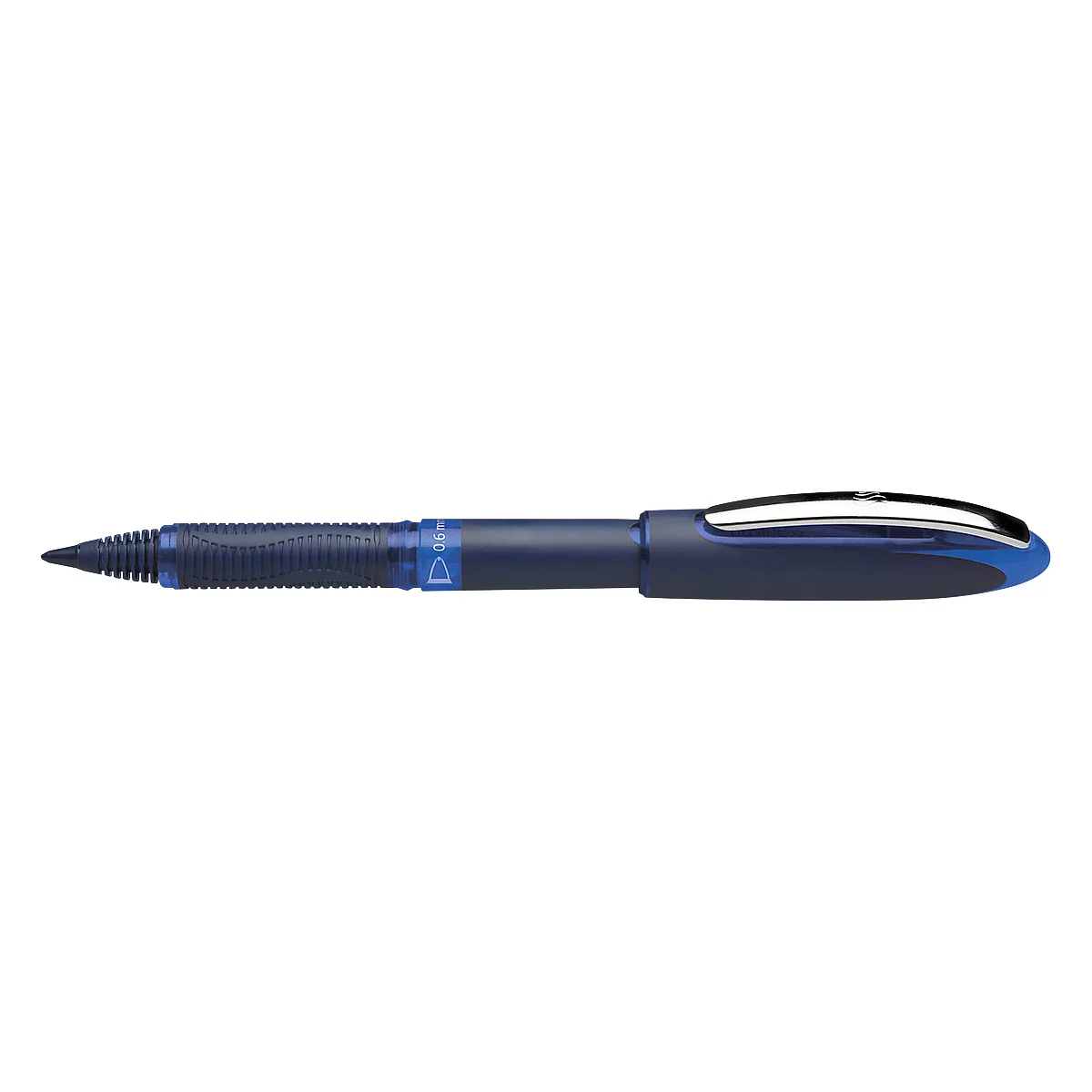 Blue ballpoint pen. Ribbed grip, transparent body, cap. Text: 'D.tec'.