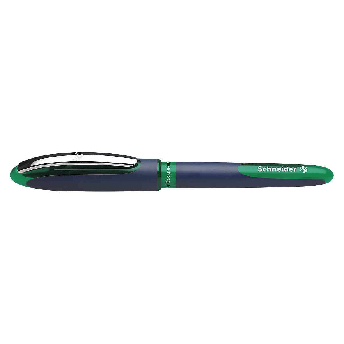 A Schneider brand pen. Dark blue body with green end and clip. Schneider lettering.
