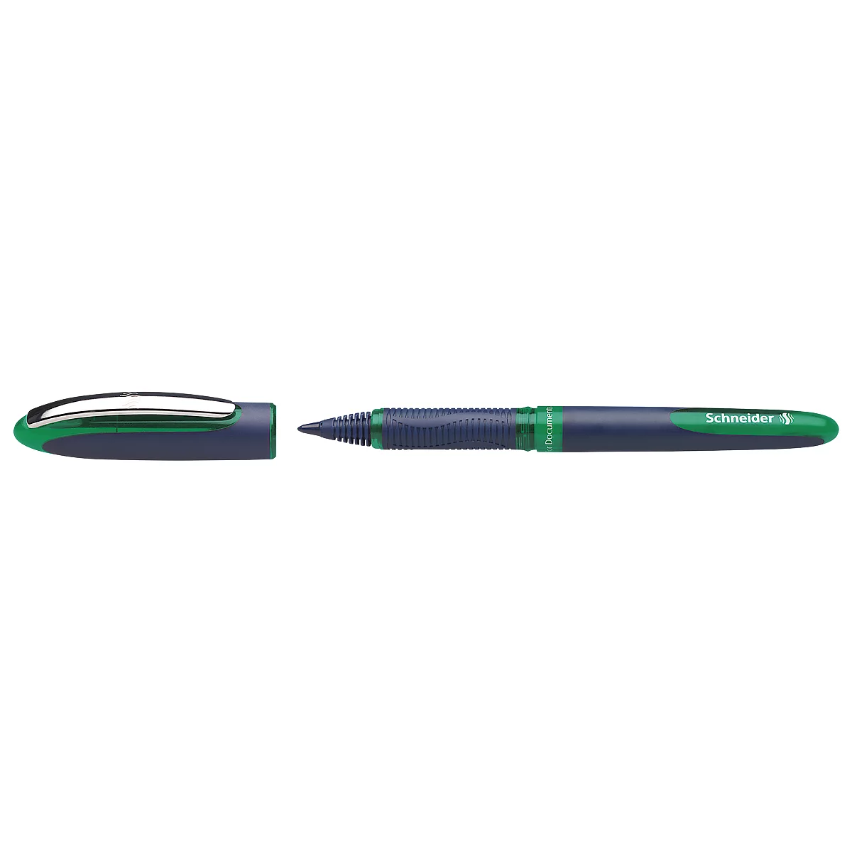A blue pen with green accents and an open cap, brand Schneider.