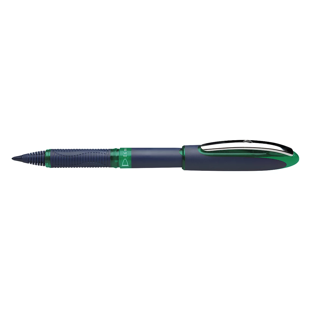 A blue ballpoint pen with green accents. The tip, the handle, the ink and the clip are clearly visible.