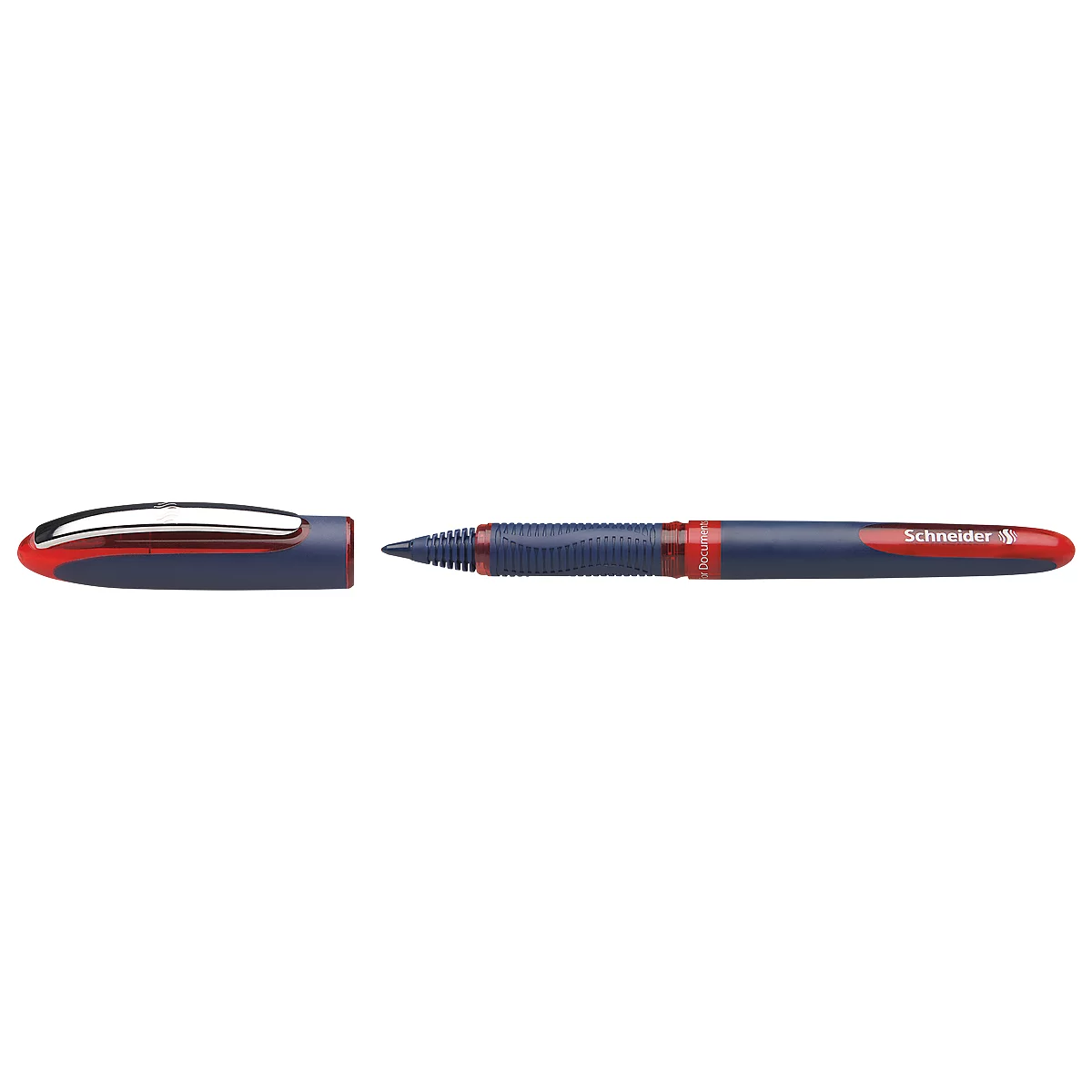 An opened blue pen with red accent and the inscription "Schneider".